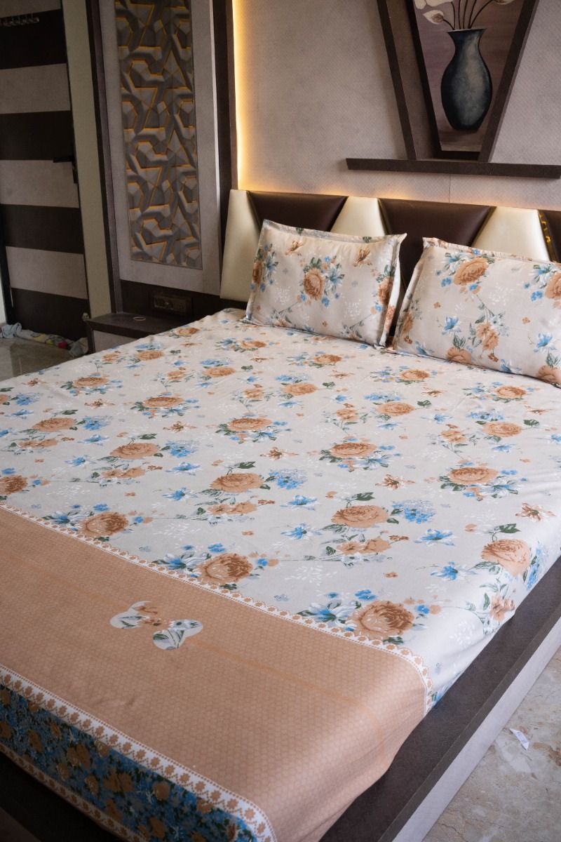 Thread Count Premium Cotton Queen Size Printed Double Bedsheet with Two Pillow Covers for Home 90 Inches x 100 Inches