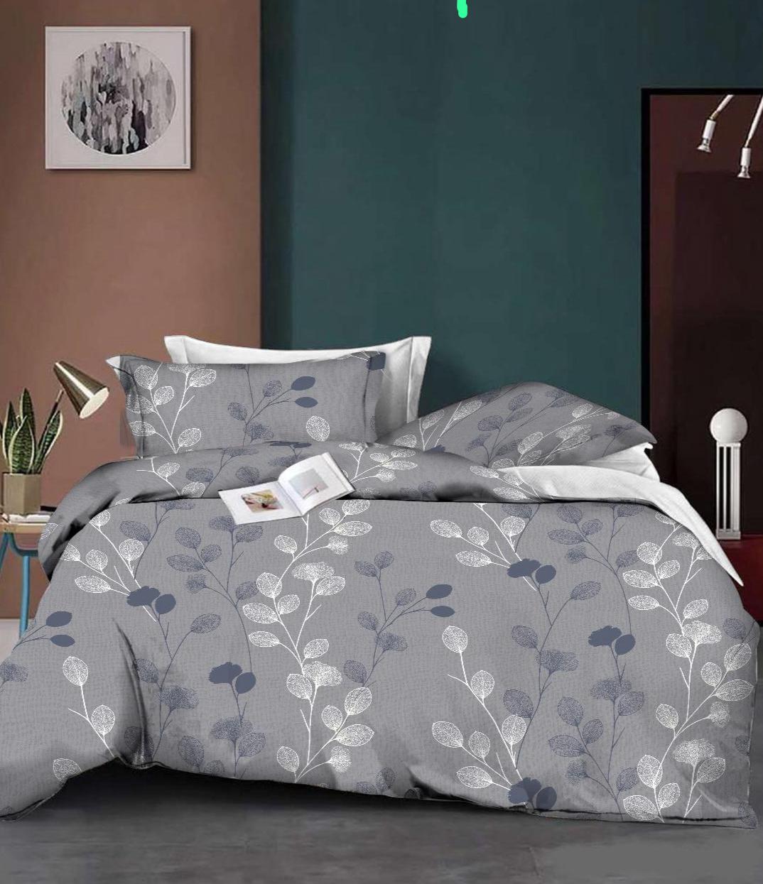 WSOKO Soft Cotton Super King Size Bedsheet for Double Bed, King Size 108 Inches X 108 Inches, 9 Feet, 275 X 275 cm with 2 Large Size Pillow Covers Without Joint - GreyBaleLeaves
