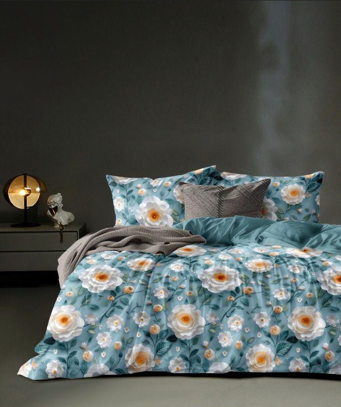 7D Flower Printed Cotton 350 TC Jointless Super King Size Double Bed Sheet with 2 Pillow Covers