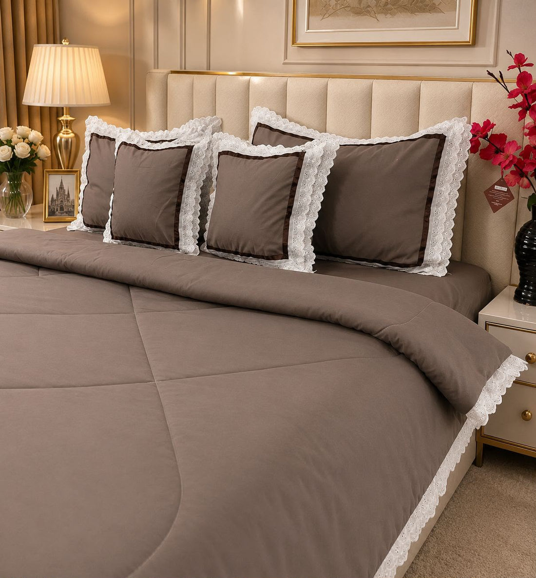 WSOKO COTTON 6 Pcs Super King Size Comforter Set with Lace | 300 GSM Micro Cotton Smooth Fabric |