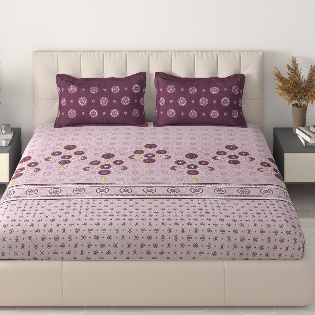500 TC Premium Cotton King Size Bedsheet 108x108 with 2 Pillow Covers | Embroidery Print