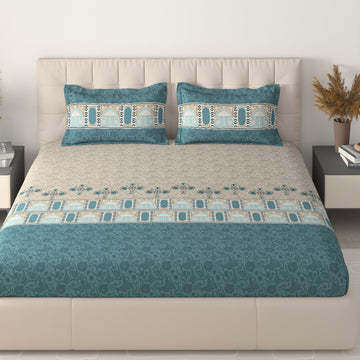 108×108 Super King Cotton Bedsheet 500 TC | Teal Embroidery Print with Pillows