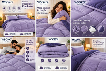 WSOKO COTTON Premium Microfiber Comforter Double Size | 220 GSM Reversible Lavender Purple & Navy Blue | Ultra Soft Lightweight All Season Comforter | 90 × 100 Inch
