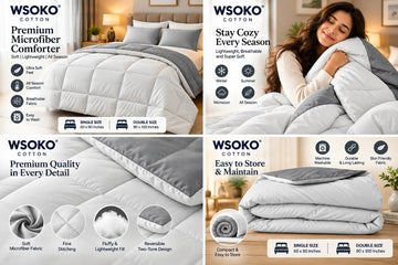 WSOKO COTTON Premium Microfiber Comforter Double Size | 220 GSM Reversible White & Light Grey | Ultra Soft All Season Comforter | 90 x 100 Inch