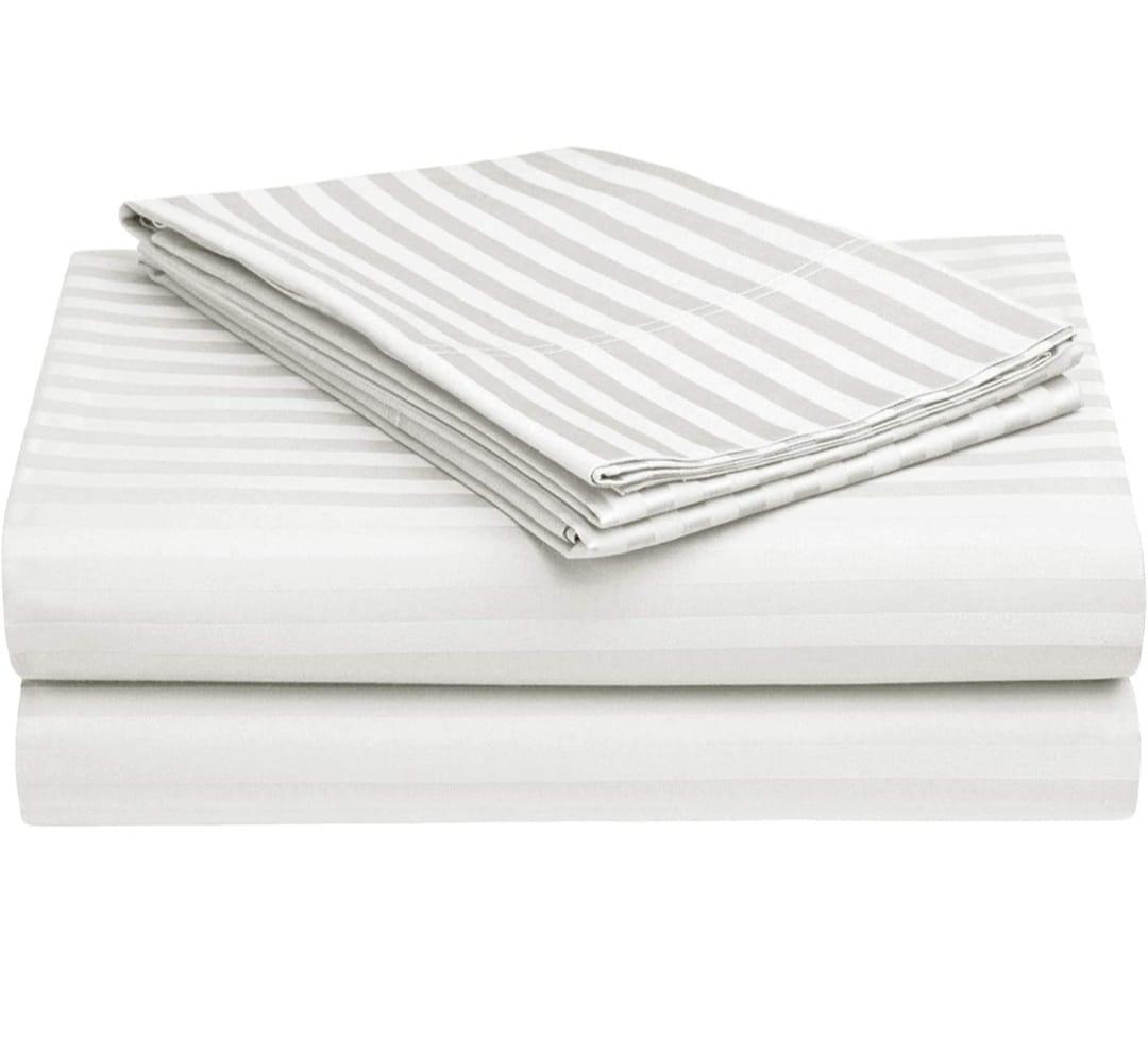 300 TC 100% Cotton Satin Stripe Single Bed Sheet - Premium Hotel Bedsheet and 2 Pillow Covers Set for Hotels, Guest House & B&B (108"X108" White